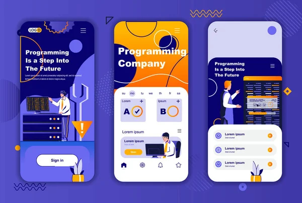 Empresa de programación kit de diseño único para historias de redes sociales. Ingeniería de software y desarrollo de pantallas móviles para aplicaciones. UI UX diseños ilustración vectorial. Conjunto de interfaz gráfica con personajes de personas. — Archivo Imágenes Vectoriales