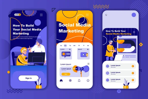 Социальные медиа маркетинга уникальный дизайн для социальных сетей историй. Онлайн продвижение и рекламная кампания мобильных экранов для приложения. Векторная иллюстрация UI UX макетов. Графический интерфейс с персонажами. — стоковый вектор