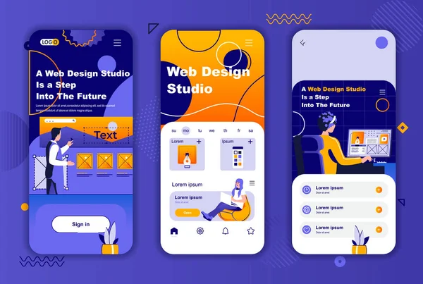 Web-Design-Studio einzigartige Design-Kit für soziale Netzwerke Geschichten. Kreatives Website-Design, Prototyping und Programmierung mobiler Bildschirme. UI UX Layouts Vektorillustration. GUI mit Personen-Charakteren. — Stockvektor