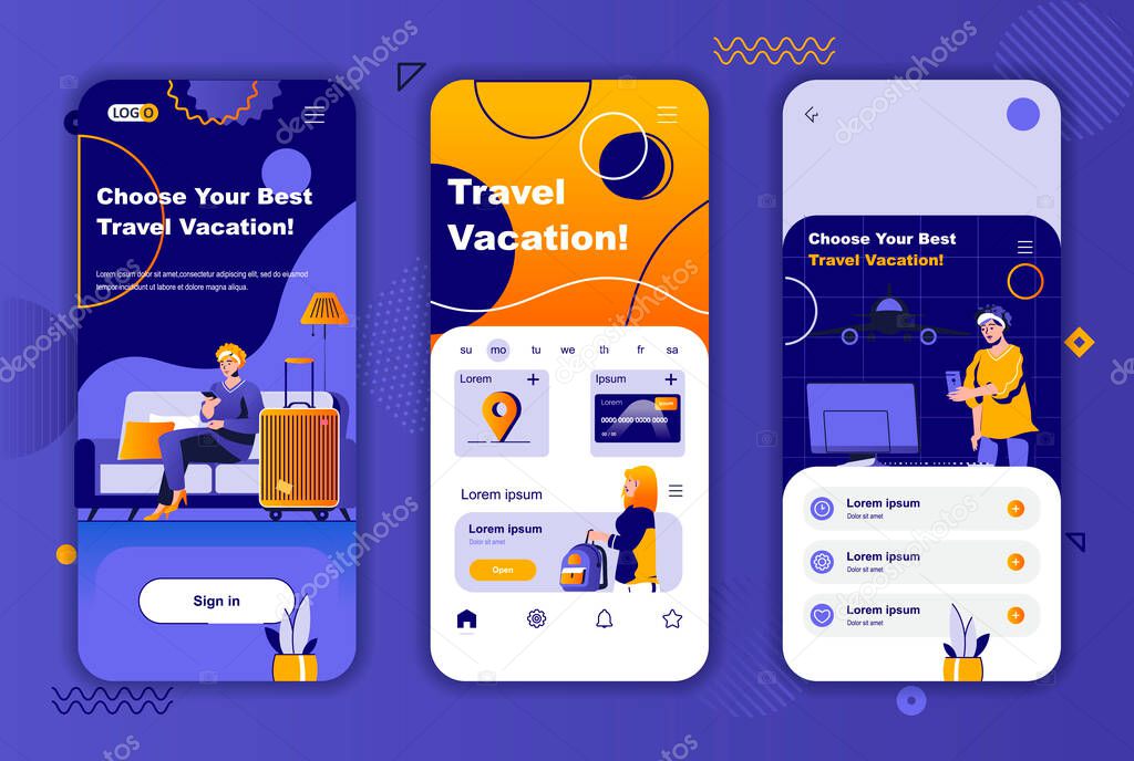 Travel vacation unique design kit for social networks stories. Travel guide, online booking service mobile screen templates for app. UI UX layouts vector illustration. GUI set with people characters.