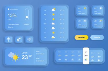 Hava tahmini mobil uygulaması için GUI ögeleri. Sıcaklık, atmosfer basıncı, hava durumu kullanıcı arayüzü jeneratörü. Ui ux araç takımı vektör illüstrasyonu. Geçerli ve saatlik hava tahmini bileşenleri.