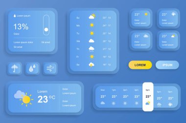 GUI elements for weather forecast mobile app. Temperature, atmospheric pressure, weather condition user interface generator. Ui ux toolkit vector illustration. Current and hourly forecast components. clipart
