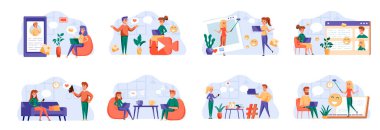 Sosyal medya insan karakterleriyle dolu. İnsanlar çevrimiçi iletişim ve dijital cihazlarla mesajlaşma durumları. Sosyal medya sohbeti, e-posta ve görüntülü düz vektör çizimi