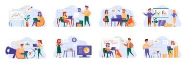 Pazarlama stratejisi insan karakterleriyle dolu. Pazarlama departmanı takım çalışması, araştırma ve ofis durumlarında sunum. Sosyal medya ve dijital içerik pazarlaması düz vektör illüstrasyonu.