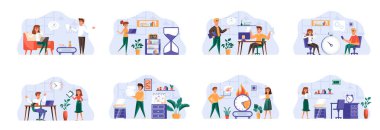 Son teslim tarihleri insan karakterleriyle doludur. Yorgun çalışanlar projenin son teslim tarihi, stresli durum ve fazla mesai konusunda acele ediyorlar. Zaman yönetimi ve çalışma etkinliği düz vektör illüstrasyonu.