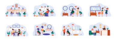 Düz karakterli güzellik salonu sahneleri. Berber dükkanı kavramsal durumları. Manikür ve pedikür, kuaförlük, makyaj, masaj ve kozmetoloji prosedürleri karikatür vektör ilülasyonu