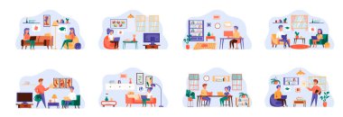 Çevrimiçi eğitim, insan karakterleriyle dolu sahneler. Eğitim web semineri, internet dersleri kavramsal durumlar. Öğrenci evde bilgisayar çizgi filmi vektör çizimi ile çevrimiçi öğreniyor.