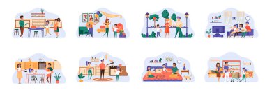 Düz karakterli aile sahneleri. Mutlu aile kavramsal durumlarla birlikte zaman geçirir. Yemek pişirmek, televizyon izlemek, parkta yürümek, alışveriş, doğum günü kutlama vektörü illüstrasyonu