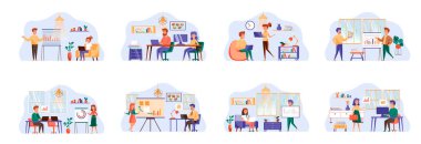 İçerik yönetimi, düz karakterli sahneler yığını. Web yöneticileri ofis kavramsal durumlarında çalışırlar. CMS yazılımı, dijital pazarlama ve web sitesi tanıtım vektör çizimi