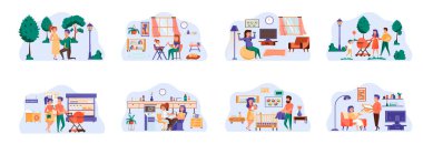 Düz karakterli hamilelik sahneleri. Yeni doğan kavramsal durumların anneliği ve çocukluğu. Genç evli çift bebek bekliyor ve doğumdan sonra vektör çizimi