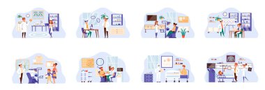 İnsan karakterli tıbbi bakım yığınları. Klinik kavramsal durumlarda laboratuvar araştırması, teşhis ve tedavi. Sağlık, canlandırma ve tıp karikatürü vektör çizimi.