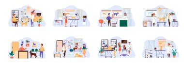 Düz karakterli veteriner kliniği sahneleri. Veteriner veteriner, veteriner kliniğindeki kavramsal durumları inceliyor. Evcil hayvanlar için tıp merkezi çizgi film vektör çizimi.