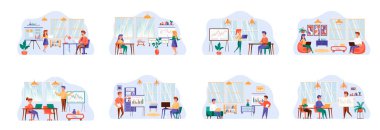 Ofis müdürü insan karakterli sahneler yığını. İş yeri kavramsal durumlarında iletişim ve işbirliği. Ofisteki ortaklık ve takım yönetimi vektör illüstrasyonunda.