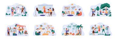 Tasarımcılar ve fotoğrafçılar insan karakterli sahneler çizerler. Festivalsel olayların, kavramsal durumların profesyonel fotoğrafçılığı. Dizüstü bilgisayar vektör çizimi ile dijital tasarım çalışması.