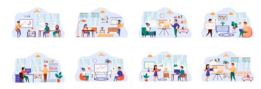 Düz karakterli bir sürü sahne eğitimi. İş eğitmeni sunum kavramsal durumlar yaratıyor. Koçluk ve akıl hocalığı, kariyer geliştirme çizgi film vektör çizimi