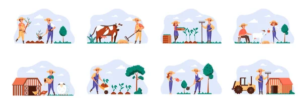 Le scene dei contadini si intrecciano con i personaggi delle persone. Agricoltori piantare e abbeverare alberi, giardinaggio e zootecnia, mungitura mucca e capra situazioni. Lavoratori agricoli illustrazione vettoriale piatta. — Vettoriale Stock