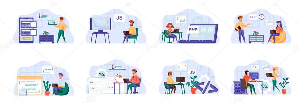 Programming scenes bundle with people characters. Frontend and backend developers team working in office, web design and software engineering situations. Programs development flat vector illustration