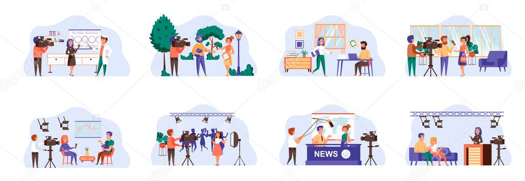 Journalism bundle of scenes with flat people characters. Breaking news, interviewing and live show conceptual situations. Journalist and cameraman making video reportage cartoon vector illustration.