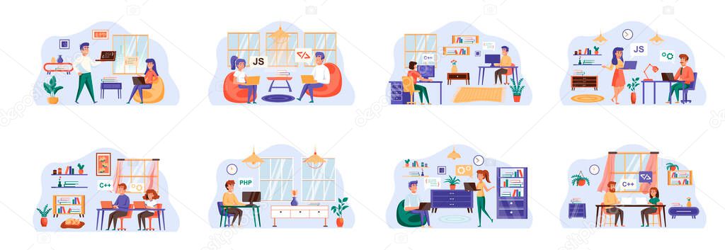 Software testing bundle of scenes with flat people characters. Developers debugging digital application conceptual situations. oftware testing, search of program bugs cartoon vector illustration