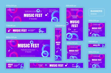 Mobil ve sosyal ağlar, posterler, alışveriş reklamları, pazarlama malzemeleri için farklı boyutlarda web pankartları toplayın. Ürün tanıtımı, müzik festivali, DJ partisi, müzikal tatil için bohça afişleri.