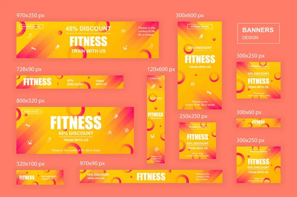 Raccolta di banner web di diverse dimensioni per reti mobili e sociali, poster, annunci di shopping, materiale di marketing. Bundle banner per la promozione del prodotto, fitness club, GYM, allenamento energetico. — Vettoriale Stock