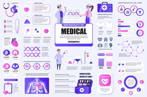 Pacote de serviços médicos UI infográfico, UX, elementos KIT. Diferentes gráficos, diagramas, fluxo de trabalho, fluxograma, ícones de saúde, medicina, modelo de design de gráficos. Conjunto gráfico e infográfico de informações vetoriais. —  Vetores de Stock