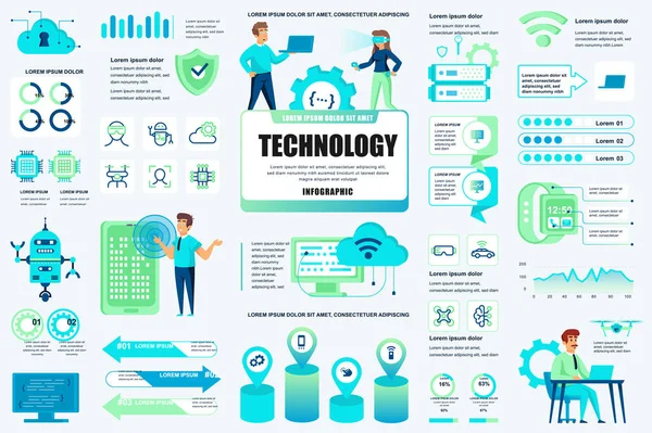 Pakiet nowych technologii infograficznych UI, UX, elementy KIT. Różne wykresy, diagramy, serwis, technologia chmury, szablon projektowania sztucznej inteligencji. Zestaw graficzny i infograficzny informacji wektorowej. — Wektor stockowy