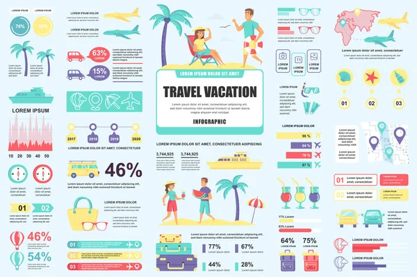 Pacchetto viaggio vacanza infografica UI, UX, elementi del KIT. Diversi grafici, diagrammi, flusso di lavoro, diagramma di flusso, timeline, schemi, modello di progettazione grafici. Set di grafica e infografica Vector info. — Vettoriale Stock