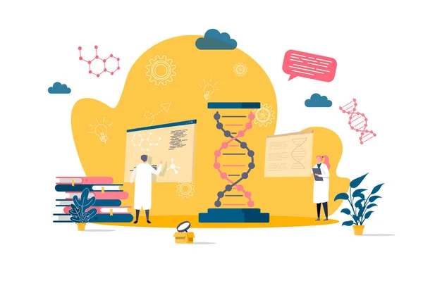 Bioteknikkoncept i platt stil. Forskare i laboratoriescenen. Vetenskap forskning, DNA-sekvens kloning och rekombination web banner. Vektor illustration med människor tecken i arbetssituation. — Stock vektor