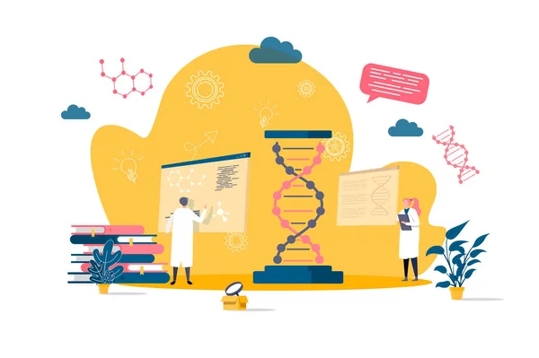 Conceito de biotecnologia em estilo plano. Cientistas em cena laboratorial. Pesquisa científica, clonagem de sequências de DNA e recombinação de banner web. Ilustração vetorial com pessoas personagens em situação de trabalho . —  Vetores de Stock