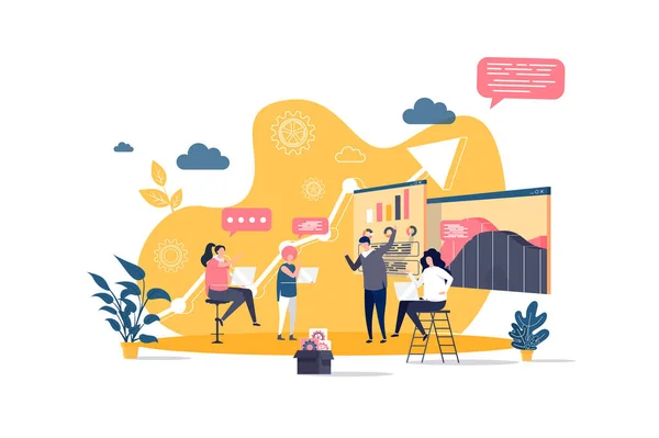 Concepto de reunión de negocios en estilo plano. Equipo de negocios discutiendo proyecto con gráficos escena. Banner de colaboración de asociación y trabajo en equipo. Ilustración vectorial con personajes de personas en situación de trabajo. — Vector de stock