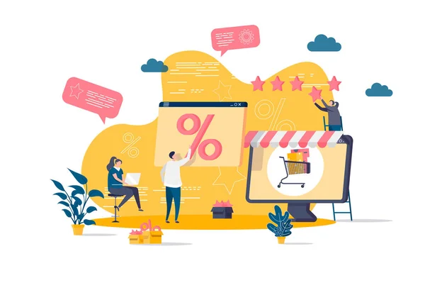 Discount of goods concept in flat style. Shoppers view discount sales propositions scene. Seasonal discounting, special offer and retail advertising. Vector illustration with people characters. — Stock Vector