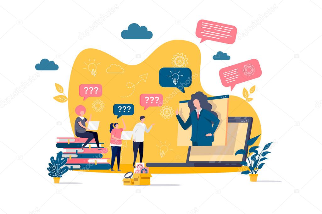 Consulting concept in flat style. Consultant answers questions scene. Online business assistance, consultation and mentoring web banner. Vector illustration with people characters in work situation.