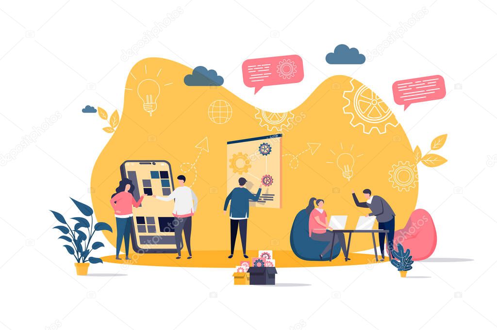 Coworking concept in flat style. Team members together work in coworking space scene. Workspace for teamwork and communication web banner. Vector illustration with people characters in work situation.
