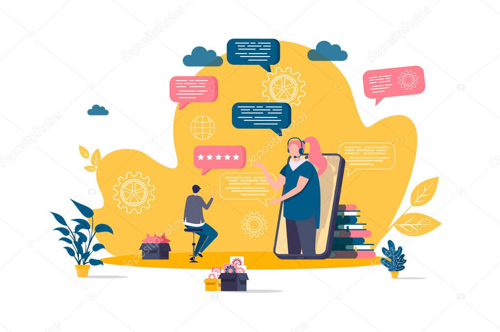 Customer support concept in flat style. Client talking with support operator scene. Call center service, hotline consultation web banner. Vector illustration with people characters in work situation.