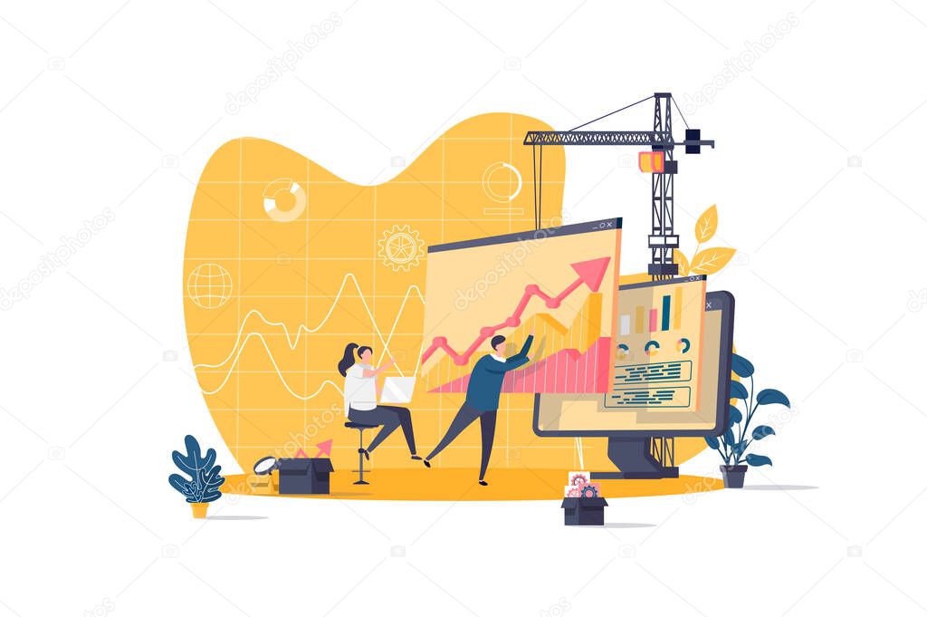 Data analysis concept in flat style. Analyst analyzing growing diagram scene. Financial predictive analytics and forecasting web banner. Vector illustration with people characters in work situation.