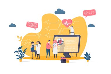 Düz tarzda tıp konsepti. Klinikteki hastayı muayene eden doktor. Modern teşhis ve tedavi, kardiyoloji bölümü afişi. İş durumundaki insanlar ile vektör illüstrasyonu.