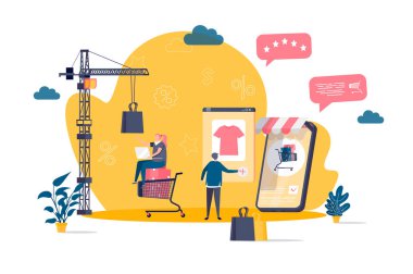 Çevrimiçi alışveriş konsepti. Akıllı telefon sahnesiyle müşteri alışverişi. İnternet alışveriş platformu, sipariş ve teslimat için internet çözeltisi. Durum içindeki insanların yer aldığı vektör illüstrasyonu.