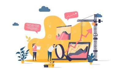 Düz stilde web analizi kavramı. Büyüyen grafik sahnesini analiz eden analist. Çevrimiçi veri analiz servisi, hisse senedi ticareti bilgi web pankartı. Durum içindeki insanların yer aldığı vektör illüstrasyonu.