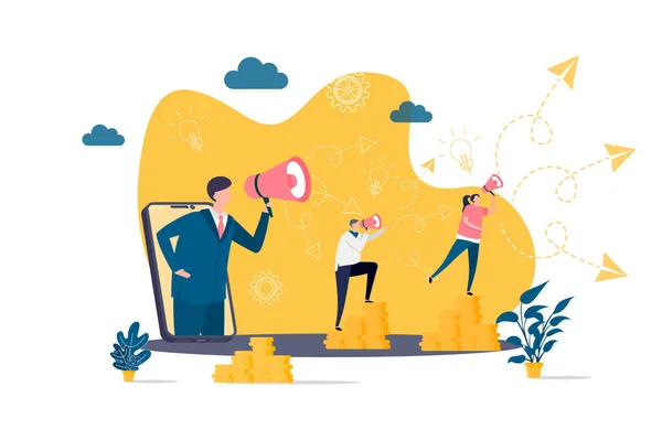 Concept de marketing de référence dans le style plat. Marketer annonce dans la scène mégaphone. Promotion dans les médias sociaux, bannière web du programme de référence. Illustration vectorielle avec personnages de personnes en situation de travail. — Image vectorielle