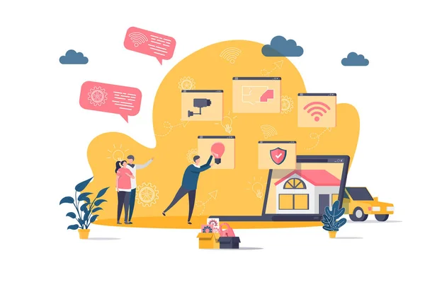 Smart home concept in flat style. People build smart home scene. Online home control, monitoring and management, house system automatization. Vector illustration with people characters in situation. — Stock Vector