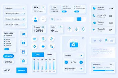 Tıbbi mobil uygulama için kullanıcı arayüzü ögeleri. Eşsiz neumorfik tasarım UI, UX, GUI, KIT elemanları şablonu. Neumorphism tarzı. Farklı biçim, bileşenler, düğme, menü, tıp vektörü simgeleri.