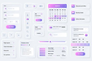 Seyahat uygulamasını ayırtmak için kullanıcı arayüzü ögeleri. Eşsiz neumorfik tasarım UI, UX, GUI, KIT elemanları şablonu. Neumorphism tarzı. Farklı biçim, bileşenler, düğme, menü, vektör simgeleri rezervasyon.