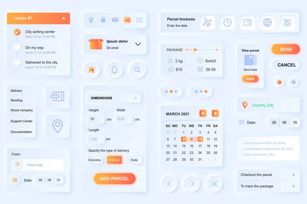 Elementos de interface de usuário para aplicativo móvel de entrega. Unique UI design neumórfico, UX, GUI, modelo de elementos KIT. Estilo neumorfismo. Forma diferente, componentes, botão, menu, ícones vetoriais logísticos. — Vetor de Stock