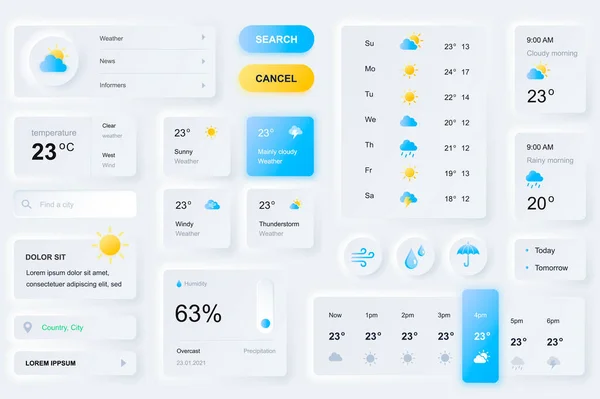 Elementos de interfaz de usuario para la aplicación móvil pronóstico del tiempo. Único diseño neumorfo UI, UX, GUI, plantilla de elementos KIT. Estilo neumorfismo. Forma diferente, componentes, botón, menú, iconos de vectores meteorológicos. — Archivo Imágenes Vectoriales