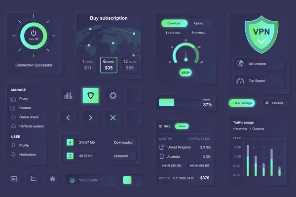 Felhasználói felület elemek VPN szolgáltatás mobil app. Egyedi pneumorf design UI, UX, GUI, KIT elemek sablonja. Neumorfizmus stílusban. Különböző formában, alkatrészek, gomb, menü, VPN vektor ikonok. — Stock Vector