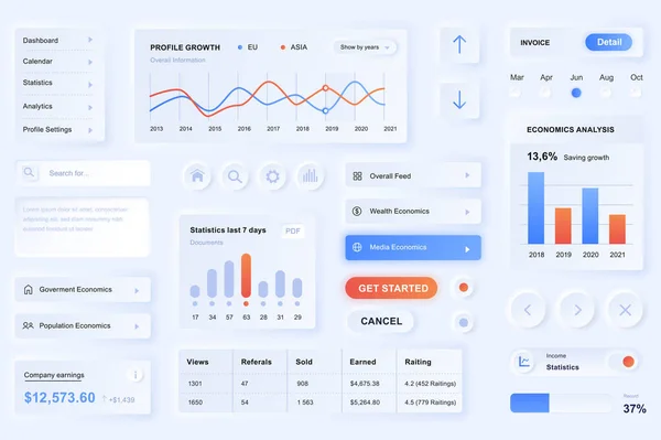 Elementos de interface de usuário para análise de dados é aplicativo móvel. Unique UI design neumórfico, UX, GUI, modelo de elementos KIT. Estilo neumorfismo. Forma diferente, componentes, botão, menu, analisa ícones vetoriais. — Vetor de Stock