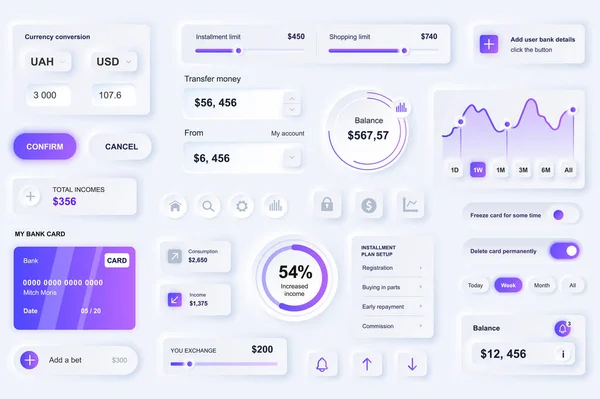 Finansal hizmet mobil uygulaması için kullanıcı arayüzü ögeleri. Eşsiz neumorfik tasarım UI, UX, GUI, KIT elemanları şablonu. Neumorphism tarzı. Farklı biçim, bileşenler, düğme, menü, finans vektör simgeleri. — Stok Vektör