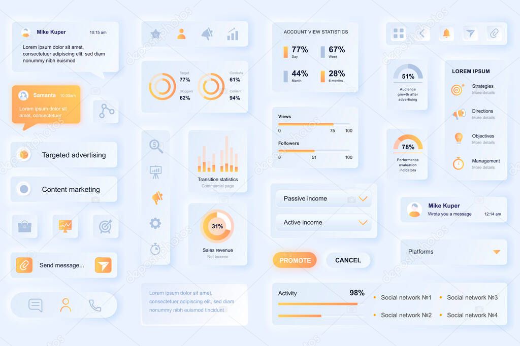 User interface elements for social media marketing mobile app. Unique neumorphic design UI, UX, GUI, KIT elements template. Neumorphism style. Different form, components, button, menu, vector icons.