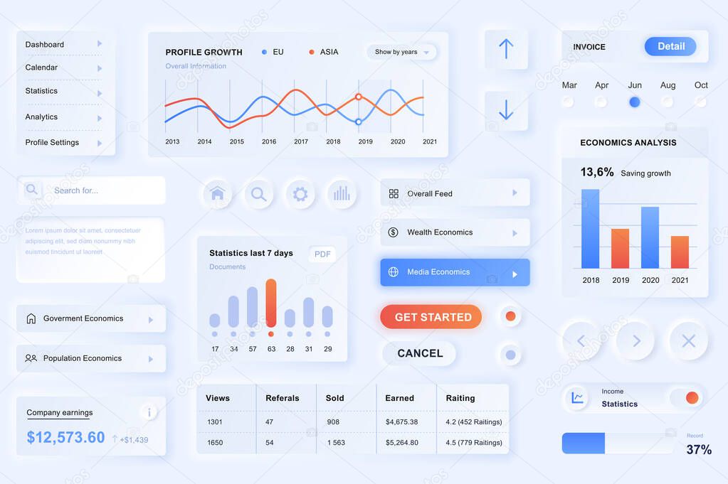 User interface elements for data analisys mobile app. Unique neumorphic design UI, UX, GUI, KIT elements template. Neumorphism style. Different form, components, button, menu, analisys vector icons.